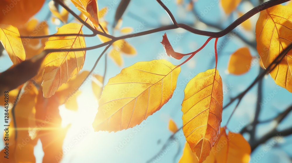 Golden autumn leaves in sunlit blue sky background Golden autumn leaves in sunlit blue sky background