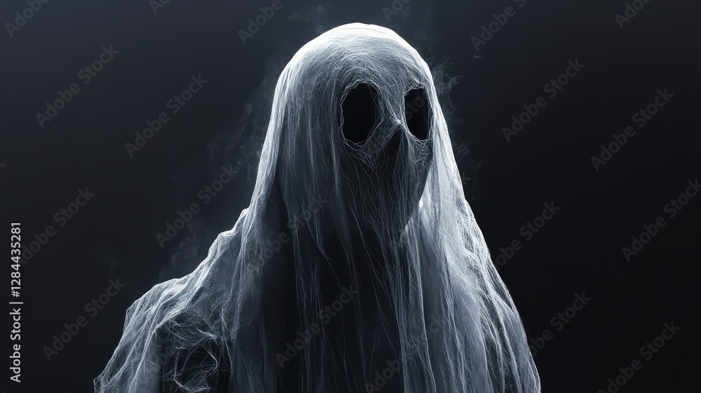 Mysterious ghostly figure in shrouded white fabric against dark background Mysterious ghostly figure in shrouded white fabric against dark background