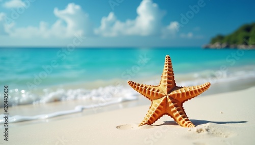 Orange starfish on sandy beach with clear turquoise water.