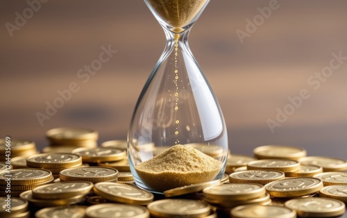  An hourglass filled with sand above and gold coins below, symbolizing the relationship between time and money, and the concept of time as a valuable resource in financial growth.