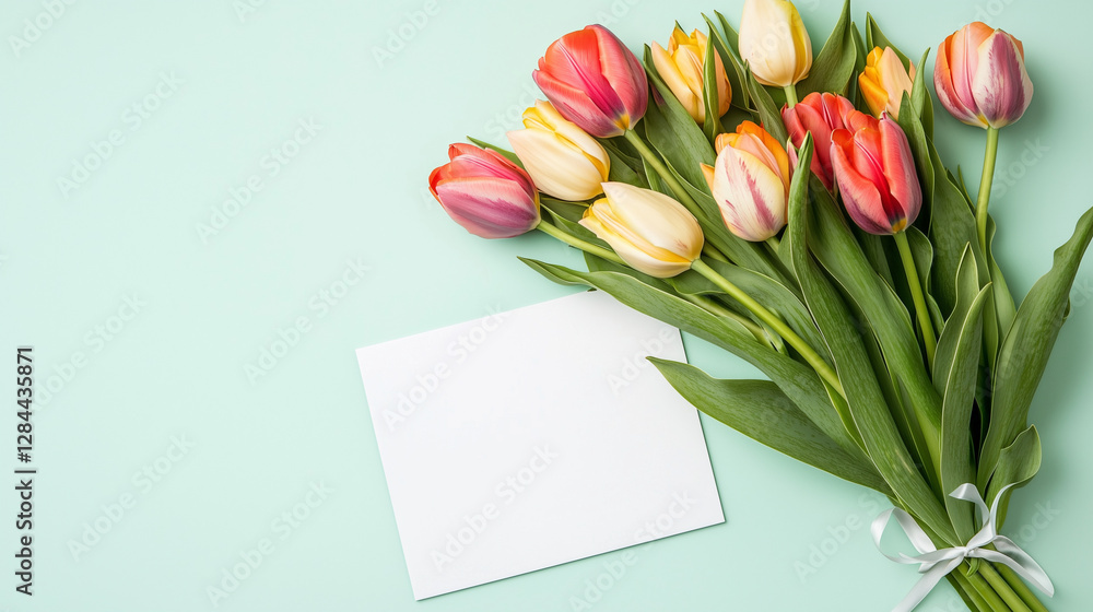 Fototapeta premium Vibrant bouquet of tulips on mint pastel background for greeting cards