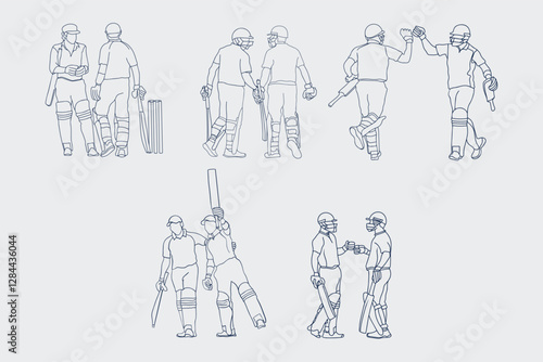 Dynamic Cricket Sport, One Line Drawing of Cricketer in Action. Two batsman line drawing illustration. hand drawn continuous one line cartoon doodle sketch drawing clip art of cricketer.