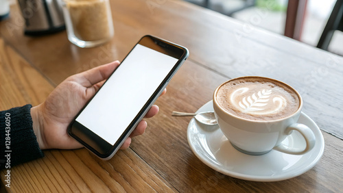 Blank smartphone screen held by hand with a latte art coffee cup on wooden table background. photo