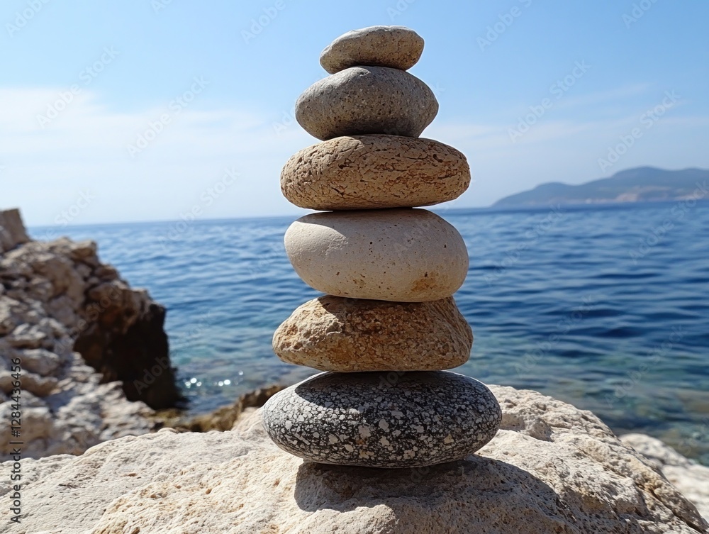 Stacked stones on beach, near calm ocean under blue sky. Stacked stones on beach, near calm ocean under blue sky.