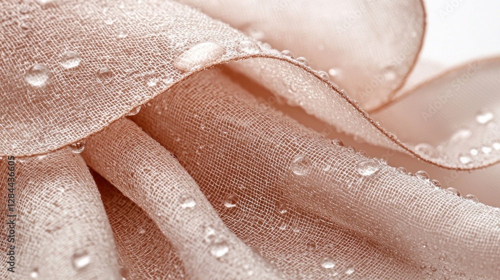 Fototapeta premium Close-up of wet, draped, peach-toned fabric, water droplets