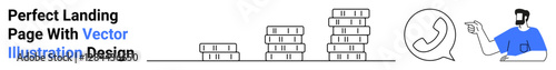 Stacked coins emphasize financial aspects, man interacting via phone indicates communication. Ideal for support, investment, customer service, fintech, marketing, collaboration, flat landing page