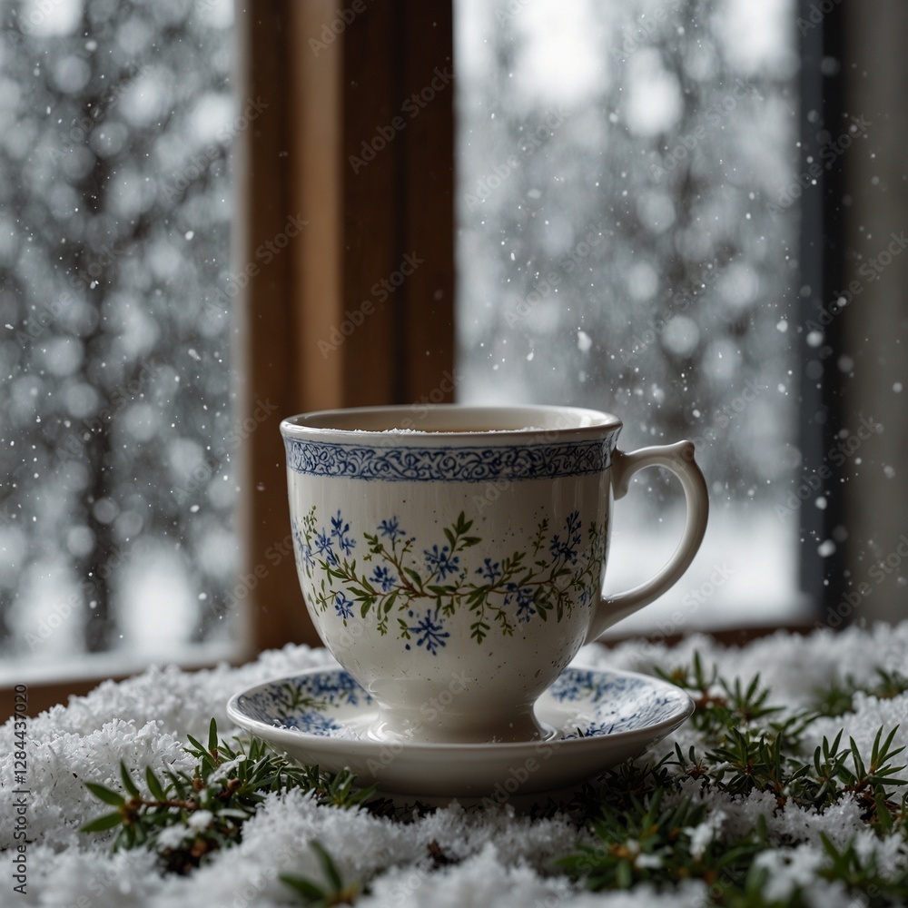 custom made wallpaper toronto digitala white ceramic cup with a christmas ornament is standing on a grey table on a background with snowy fir branches. A christmas mockup for a coffee shop.
