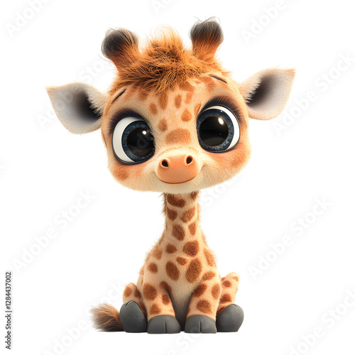 A Fluffy 3D Cartoon Giraffe Calf with Soft Mottled Fur Isolated on Transparent Background