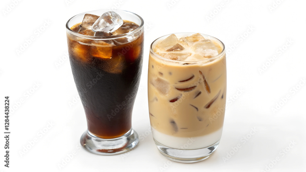 Black iced coffee and ice latte coffee set with milk in tall glass. isolated on white background Black iced coffee and ice latte coffee set with milk in tall glass. isolated on white background