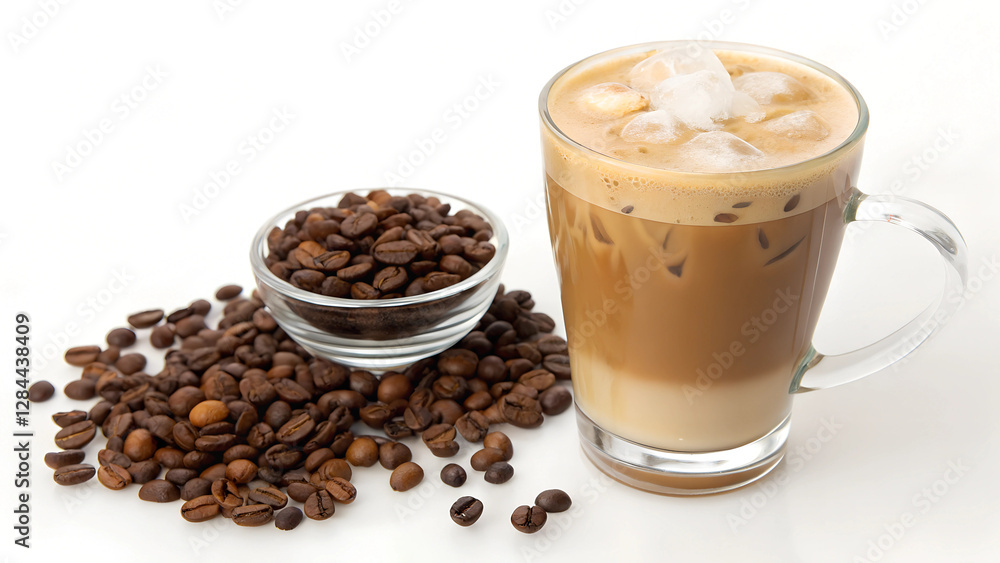 Latte ice coffee and coffee beans on a clean white background. perfect for coffee-themed designs Latte ice coffee and coffee beans on a clean white background. perfect for coffee-themed designs