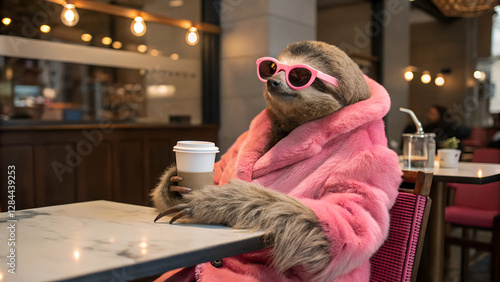 stylish classy modern fashionista sloth wearing pink sunglasses and pink firry coat at coffee shop
