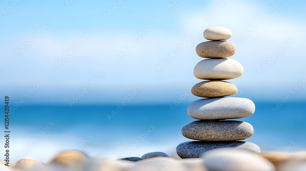 Serene Stone Stacking Formation on the Beach with Ocean Waves in the Background : Generative AI Serene Stone Stacking Formation on the Beach with Ocean Waves in the Background : Generative AI
