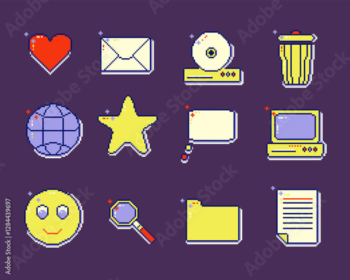Nostalgic pixel art eight bit operating system and shapes icon set. Y2k retro 90s vaporwave style.