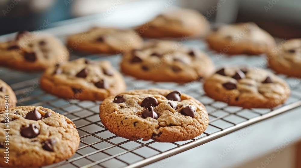 Freshly baked chocolate chip cookies cooling on a wire rack, inviting and warm. Freshly baked chocolate chip cookies cooling on a wire rack, inviting and warm.