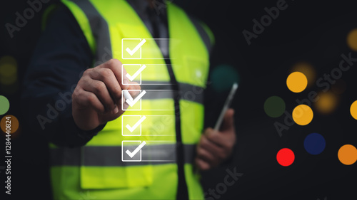 Quadro su tela Engineer verifying a digital checklist on a construction site
