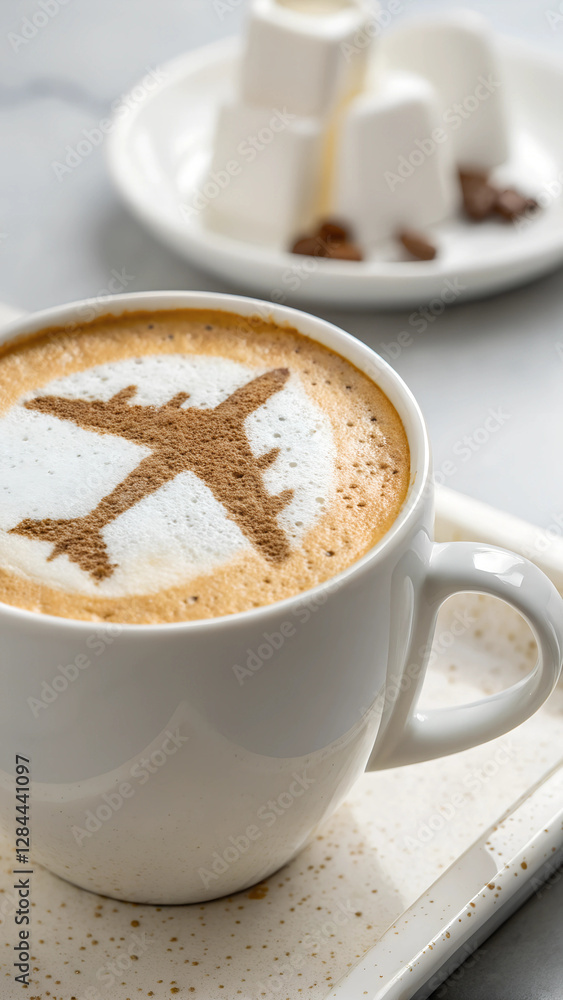 Cappucino coffee cup with plane powder decoration on the top and neutral studio copyspace background Cappucino coffee cup with plane powder decoration on the top and neutral studio copyspace background