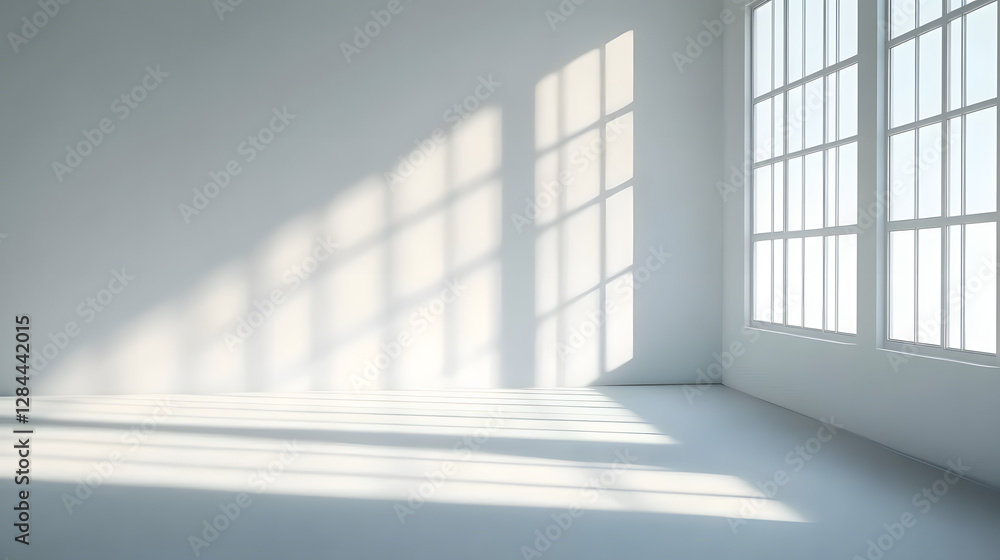 A clean, white room with sunlight streaming in through the window, casting shadows on an empty wall A clean, white room with sunlight streaming in through the window, casting shadows on an empty wall