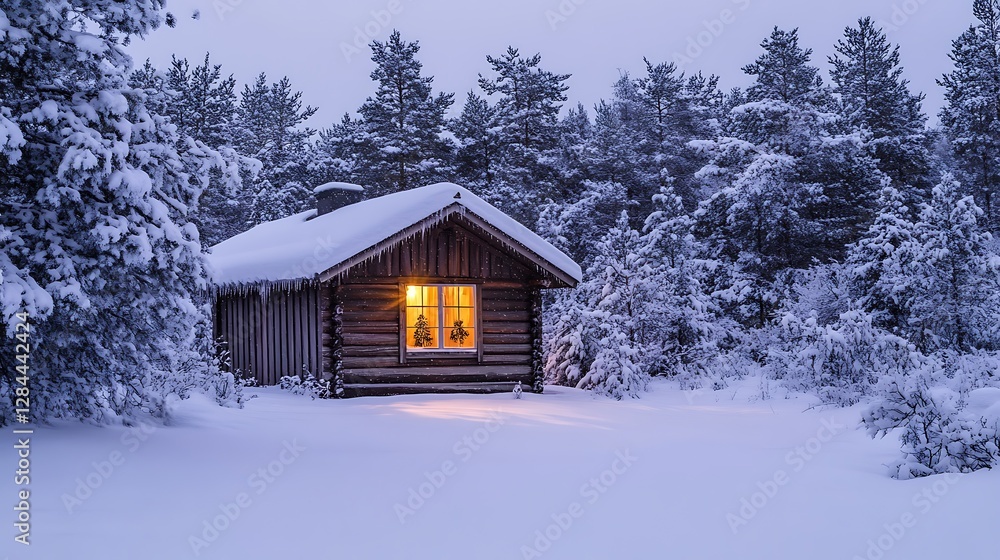 Christmas hut with lighted window in a snowy winter landscape Christmas hut with lighted window in a snowy winter landscape