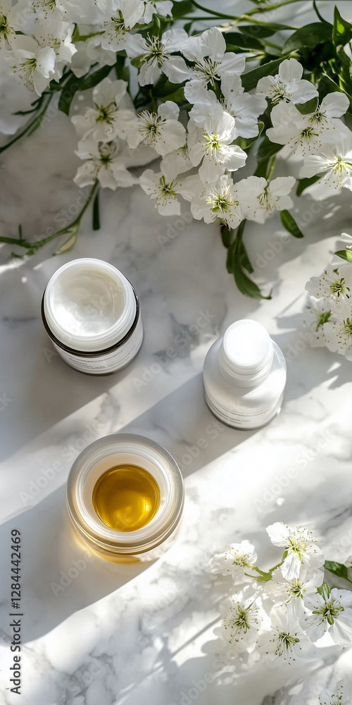 Luxurious Skincare Flat Lay on Marble with Flowers