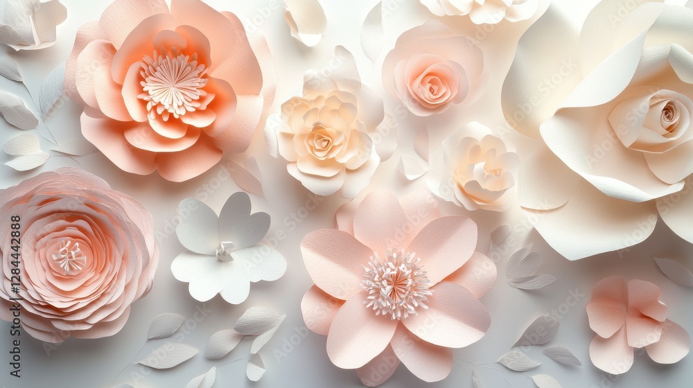 Delicate arrangement of handcrafted paper flowers in soft peach and white tones, ideal for decorative themes. Delicate arrangement of handcrafted paper flowers in soft peach and white tones, ideal for decorative themes.