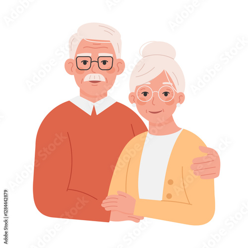 Happy elderly couple smiling and embracing. Senior love and togetherness concept. Vector illustration isolated