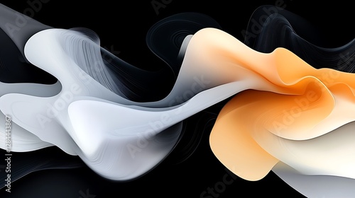 Fluid Abstract Forms: A Digital Painting in Black, White, and Orange AI Generated