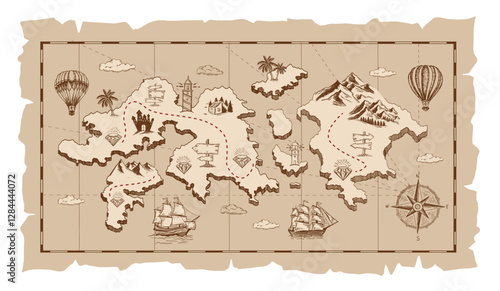 Old pirate treasure map. Hand-drawn illustrations.	