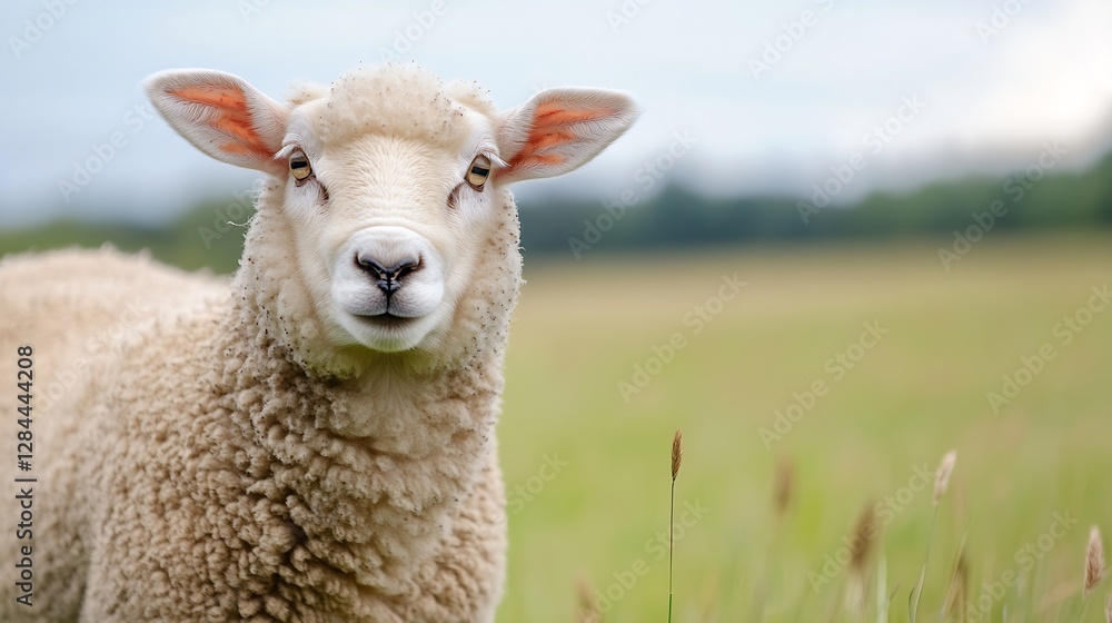 Close up image of a fluffy sheep standing in a green meadow under a clear blue sky : Generative AI Close up image of a fluffy sheep standing in a green meadow under a clear blue sky : Generative AI