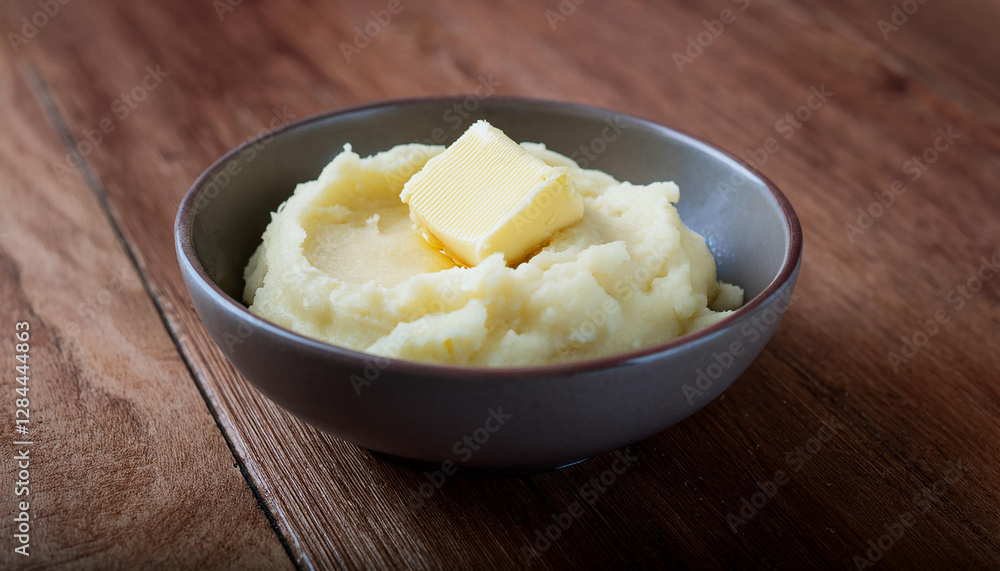 Bowl of mashed potatoes with pat of butter melting. Tasty homemade dish. Delicious food. Bowl of mashed potatoes with pat of butter melting. Tasty homemade dish. Delicious food.