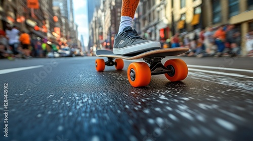 NYC street skater, blurred parade, urban scene, close-up