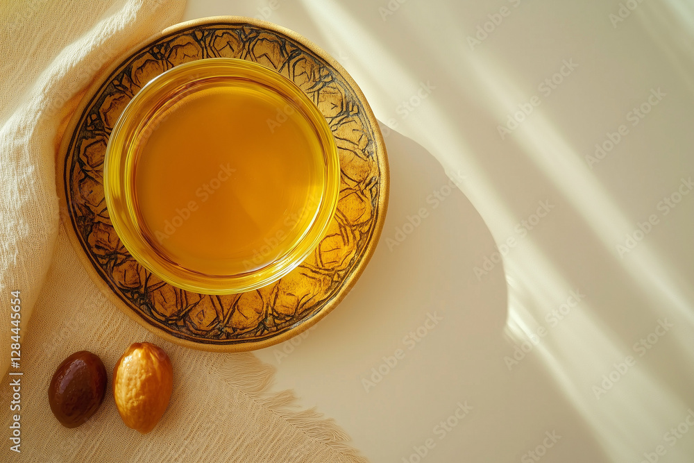 Top View of a Clean Background with a Cup of Argan Oil – Minimalist & Elegant