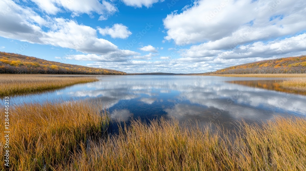 Obraz premium Autumn lake reflection, scenic landscape, tranquil nature