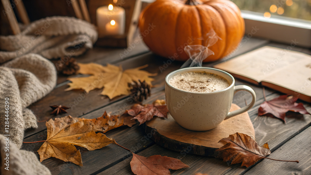 cozy fall vibes with pumpkin spice latte in a warm cup on a wooden table. capturing the essence of autumn cozy fall vibes with pumpkin spice latte in a warm cup on a wooden table. capturing the essence of autumn