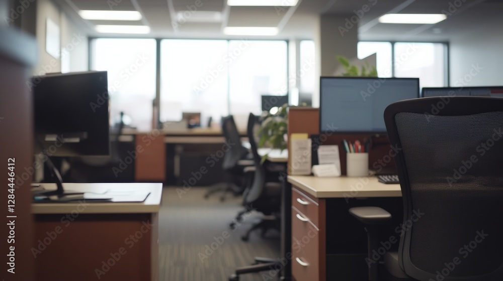 Modern Office Space with Empty Desks and Computers Surrounded by Natural Light Modern Office Space with Empty Desks and Computers Surrounded by Natural Light