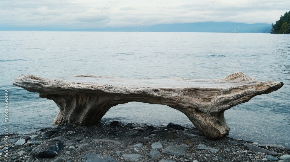 Driftwood bench by tranquil lake with cloudy sky Driftwood bench by tranquil lake with cloudy sky