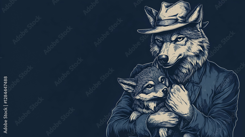 Fototapeta Happy Fathers Day Poster. Dad Wolf and baby Wolf. Space for writing.