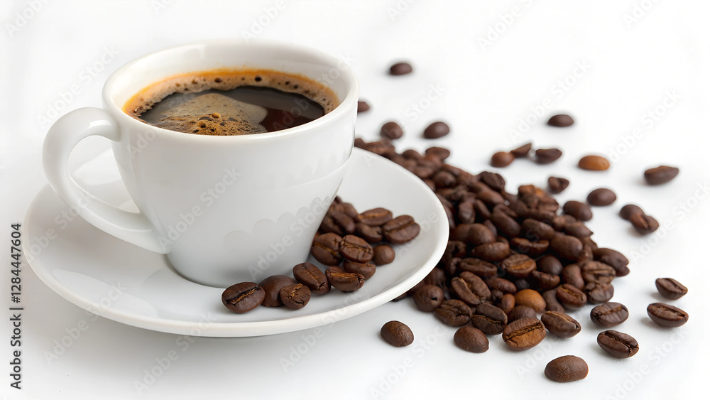 Espresso coffee cup with coffee beans Coffee pause. with copy space image. Place for adding text or design Espresso coffee cup with coffee beans Coffee pause. with copy space image. Place for adding text or design