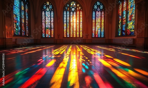 Colorful stained glass windows in a church interior.  Possible use stock photo for religious architecture, faith, or spiritual themes photo