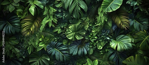  A wall of lush, green tropical leaves and plants, photorealistic, with a dark background, in a top-down view. photo