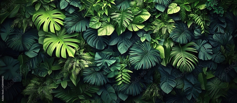 Fototapeta premium A wall of lush, green tropical leaves and plants, photorealistic, with a dark background, in a top-down view.