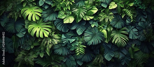  A wall of lush, green tropical leaves and plants, photorealistic, with a dark background, in a top-down view. photo