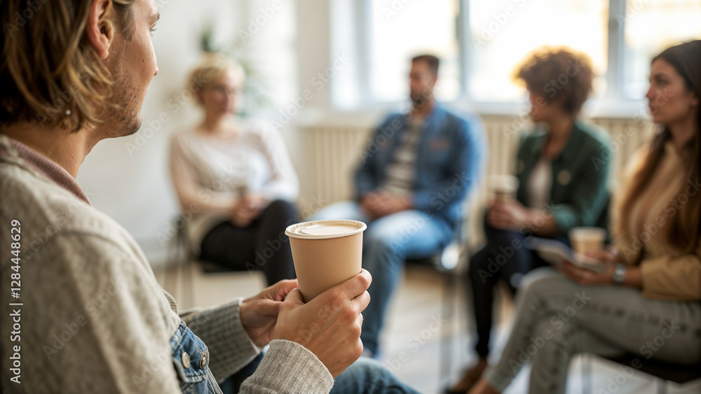 A person holds a cup of coffee during a support group meeting. with other members blurred in the background A person holds a cup of coffee during a support group meeting. with other members blurred in the background