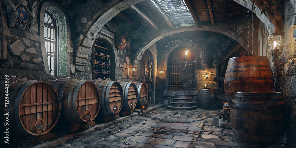 Obraz premium Inviting Stone-Walled Cellar with Lantern Glow 