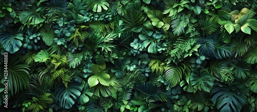  A wall of lush, green tropical leaves and plants, photorealistic, with a dark background, in a top-down view. photo