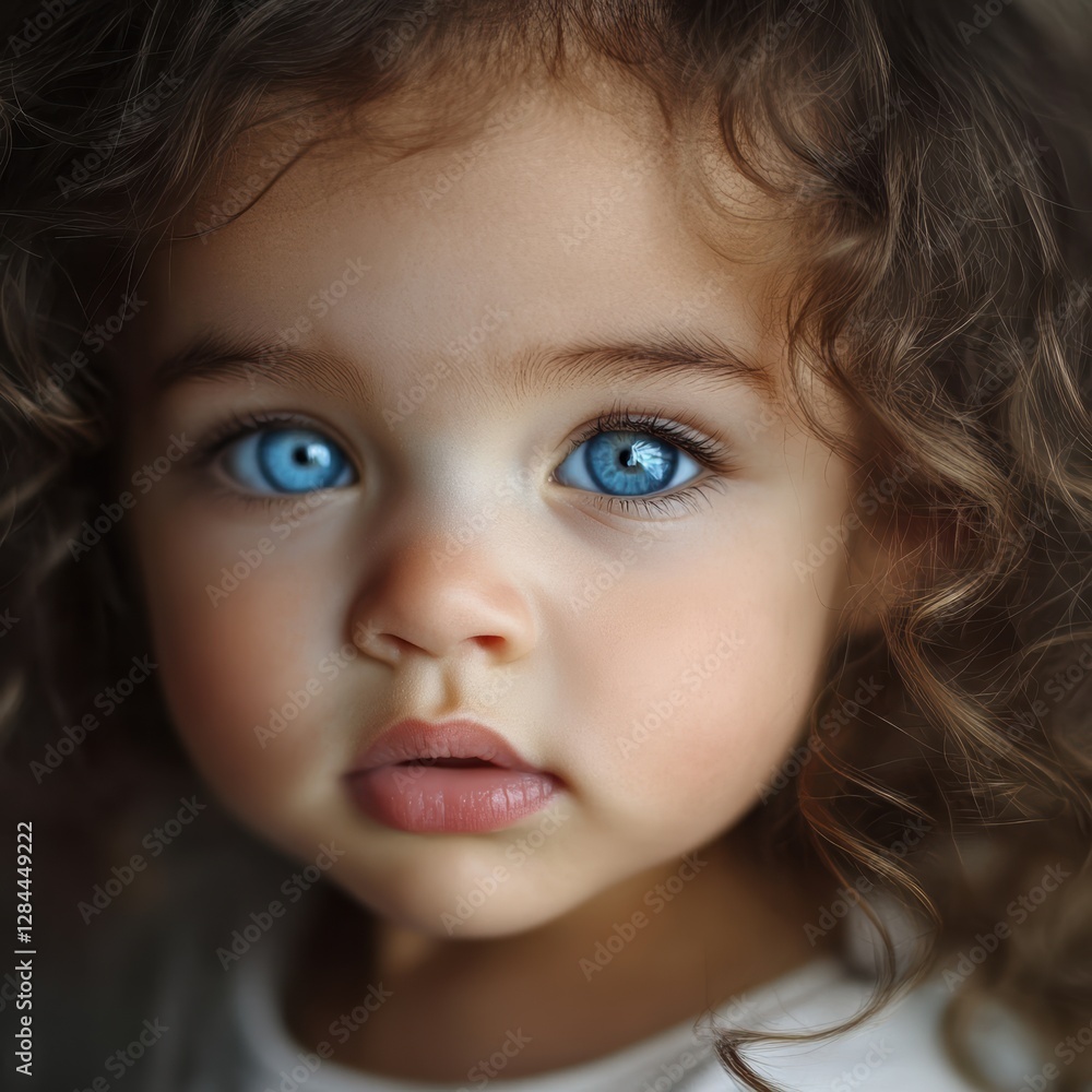 A delightful mixed race baby girl with curly hair and striking blue eyes is curiously observing her environment. She exudes innocence and wonder while exploring her indoor space A delightful mixed race baby girl with curly hair and striking blue eyes is curiously observing her environment. She exudes innocence and wonder while exploring her indoor space