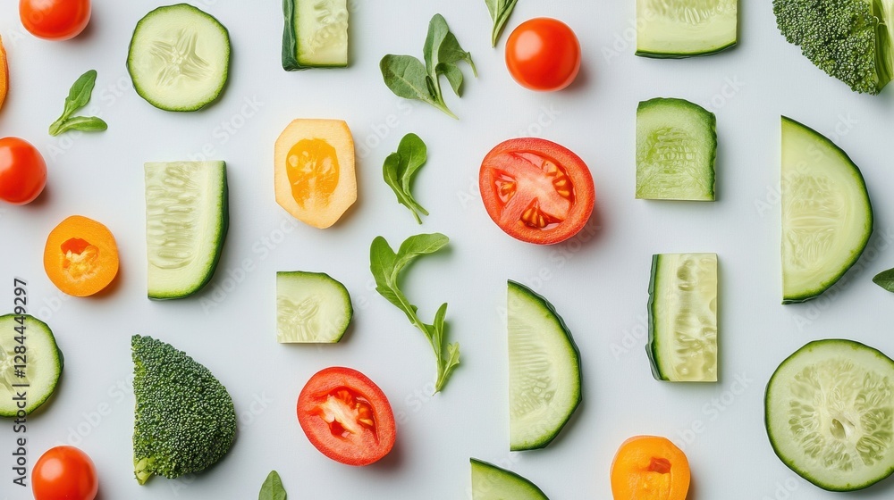 Colorful arrangement of fresh vegetables including cucumbers, tomatoes, and broccoli on a light background. Colorful arrangement of fresh vegetables including cucumbers, tomatoes, and broccoli on a light background.