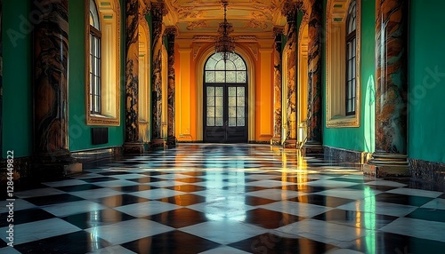 Empty ornate hallway with checkerboard floor, sunlight through window, historical interior photo