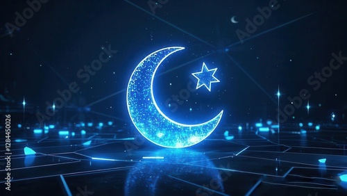 Glowing Crescent Moon and Star Symbol on Futuristic Background - Islamic Faith, Ramadan, Eid