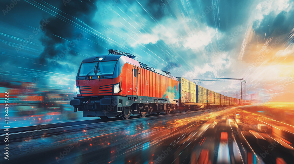 Naklejka premium Global business of Container Cargo freight train for Business logistics concept, Air cargo trucking, Rail transportation and maritime shipping, Online goods orders worldwide. Container truck in ship