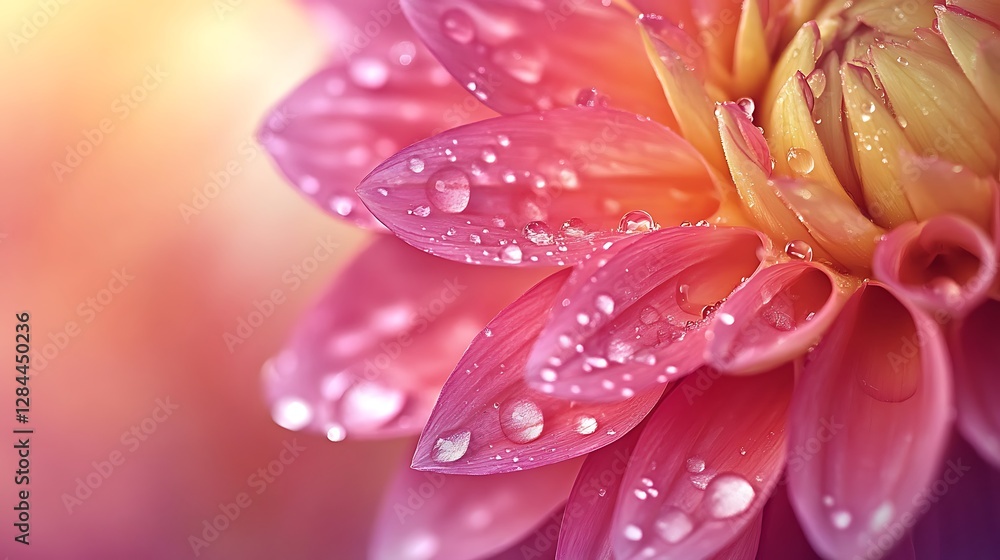 Close up of pink and yellow dahlia flower with raindrops Close up of pink and yellow dahlia flower with raindrops